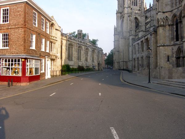 Looking past the south door of the Minster towards Duncombe Place and Bootham Bar..