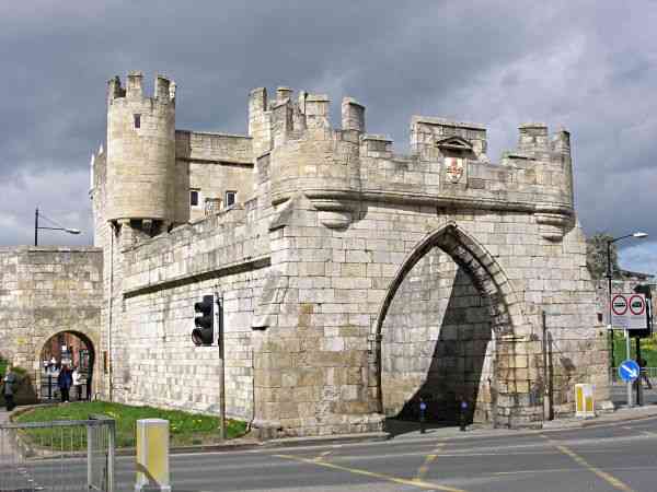 Looking at Walmgate Bar from outside the city walls.