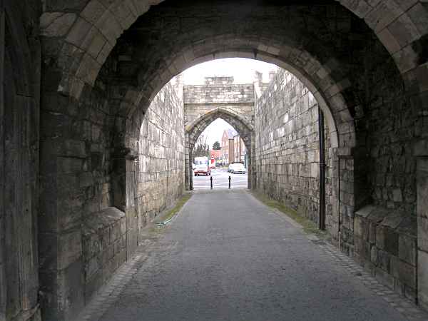 In the barbican tunnel looking out.
